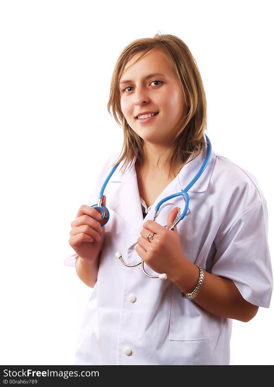 Female doctor holding a stethoscope and smiling. Female doctor holding a stethoscope and smiling