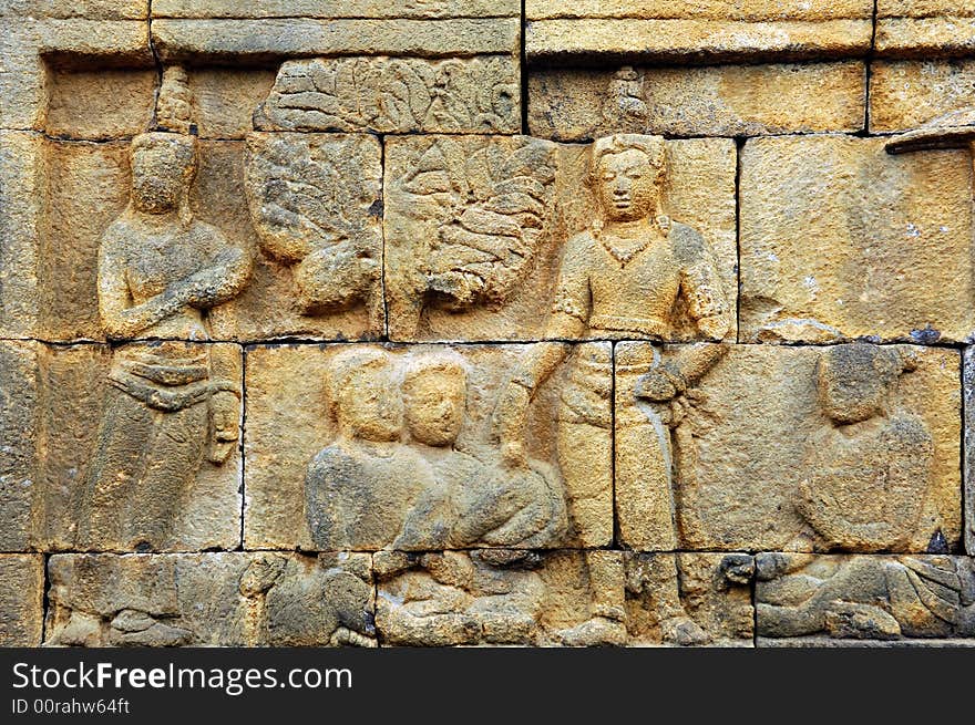 Indonesia, Java, Borobudur: Temple, the carved images of borobudur temple; the most famous buddhist  bas- relief of  southeast asia , the life of buddha