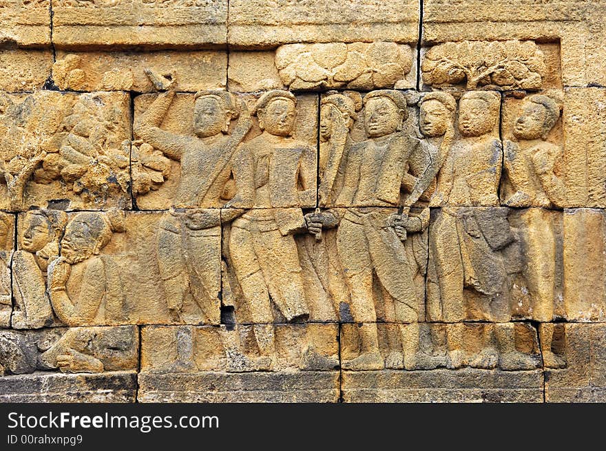 Indonesia, Java, Borobudur: Temple, the carved images of borobudur temple; the most famous buddhist  bas- relief of  southeast asia , the life of buddha