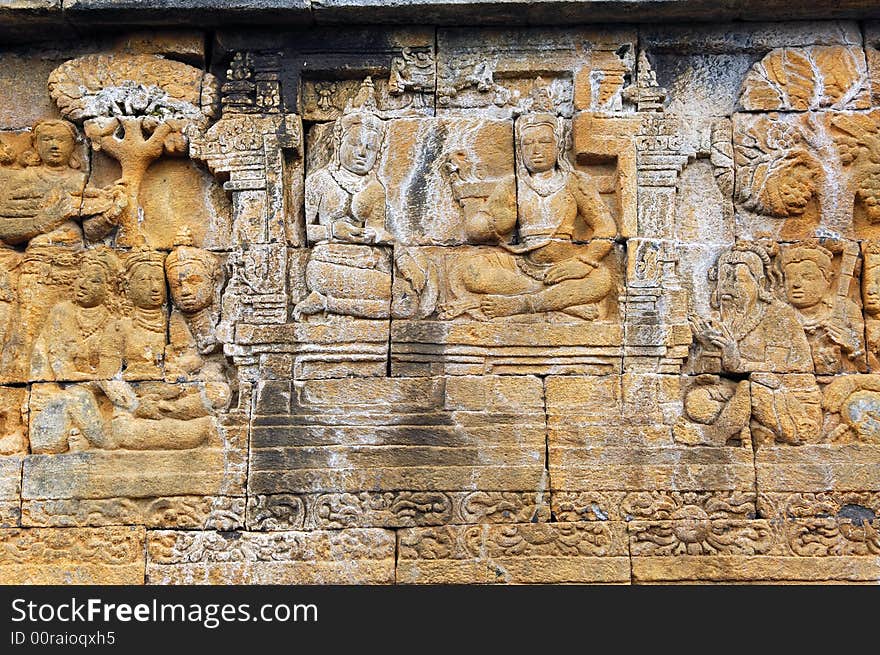 Indonesia, Java, Borobudur: Temple, the carved images of borobudur temple; the most famous buddhist  bas- relief of  southeast asia , the life of buddha