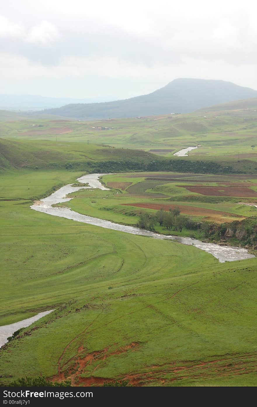 Rainy day in summer in the mountains with river