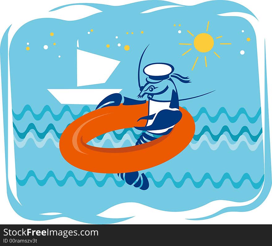 Vector; illustration; cancer; seaman; ship; sea; sun; summer; lifebuoy ring; waves; travel; picture; card. Vector; illustration; cancer; seaman; ship; sea; sun; summer; lifebuoy ring; waves; travel; picture; card