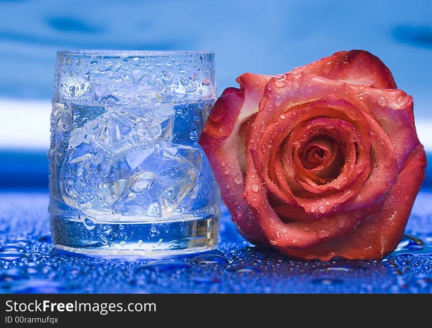 Glass with water and rose over blue