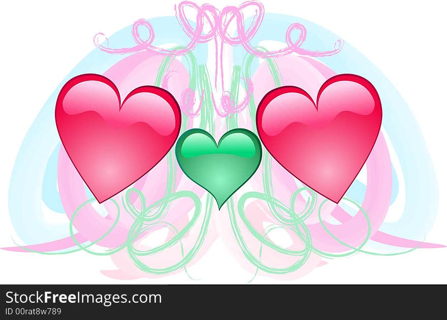 Two red shining hearts and one small children's green heart. Two red shining hearts and one small children's green heart