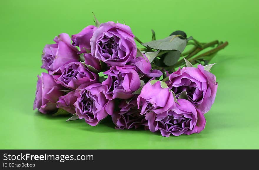 A bunch of pink roses on a green background