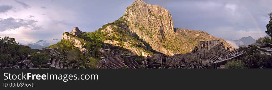 Antique panorama of romanian ruined amphitheatre on the mountain