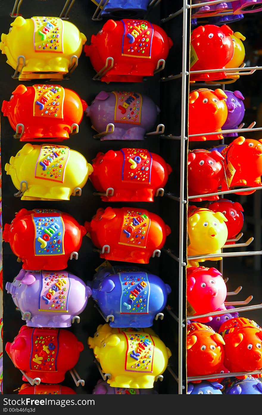 Portugal, area of Algarve, Lagos: colored chinese pig Handicraft. Portugal, area of Algarve, Lagos: colored chinese pig Handicraft