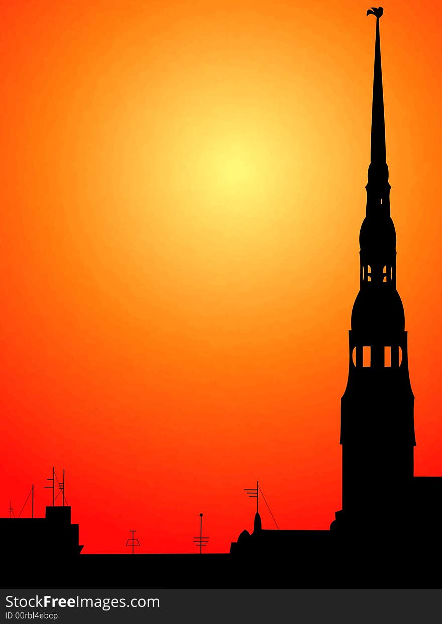 Old Riga silhouette, sunset on background. Old Riga silhouette, sunset on background.