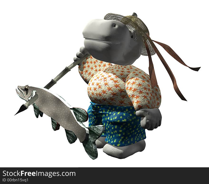 Render of hippo adventurer with catch fish. Render of hippo adventurer with catch fish