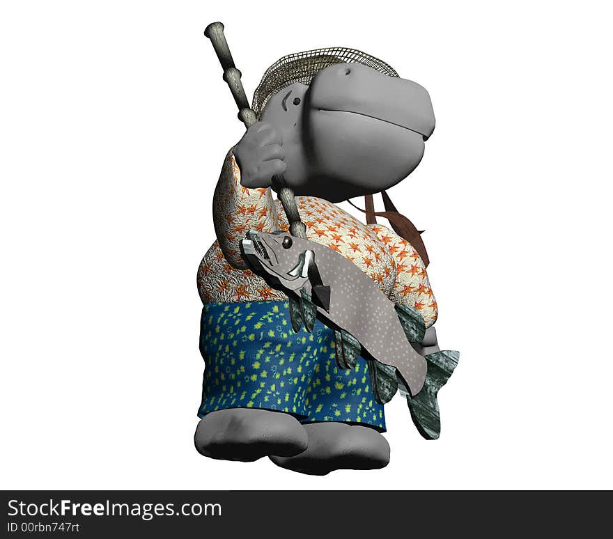 Render of little and cute figure - hippo adventurer with fish. Render of little and cute figure - hippo adventurer with fish