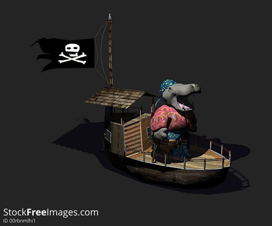 Render of hippo pirate and boat. Render of hippo pirate and boat