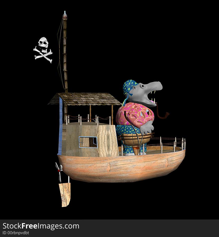 Render of little and cute figure - hippo pirate and boat. Render of little and cute figure - hippo pirate and boat