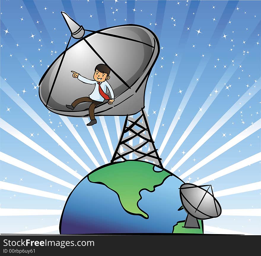 Businessman sit on the satellite dishes and on top of earth