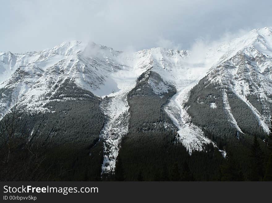 Winter avalanche view of canadian rockies in kananaskis country, alberta, canada. Winter avalanche view of canadian rockies in kananaskis country, alberta, canada