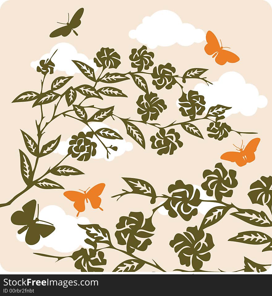 Floral background illustration with bird and butterfly in Chinese paper cutting style