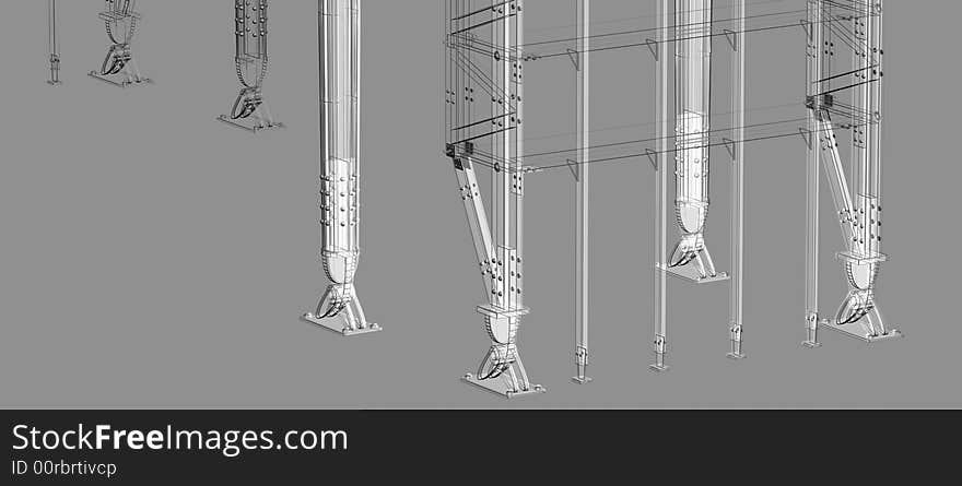 Wire render of iron girders detail on the grey. Wire render of iron girders detail on the grey