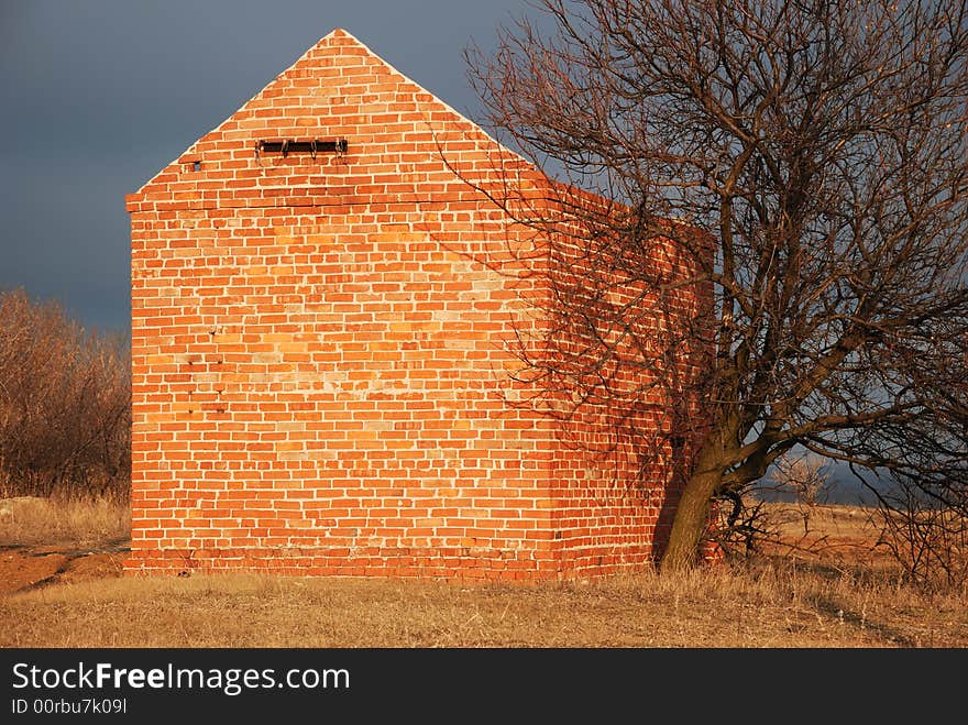 Brick building and dry tree