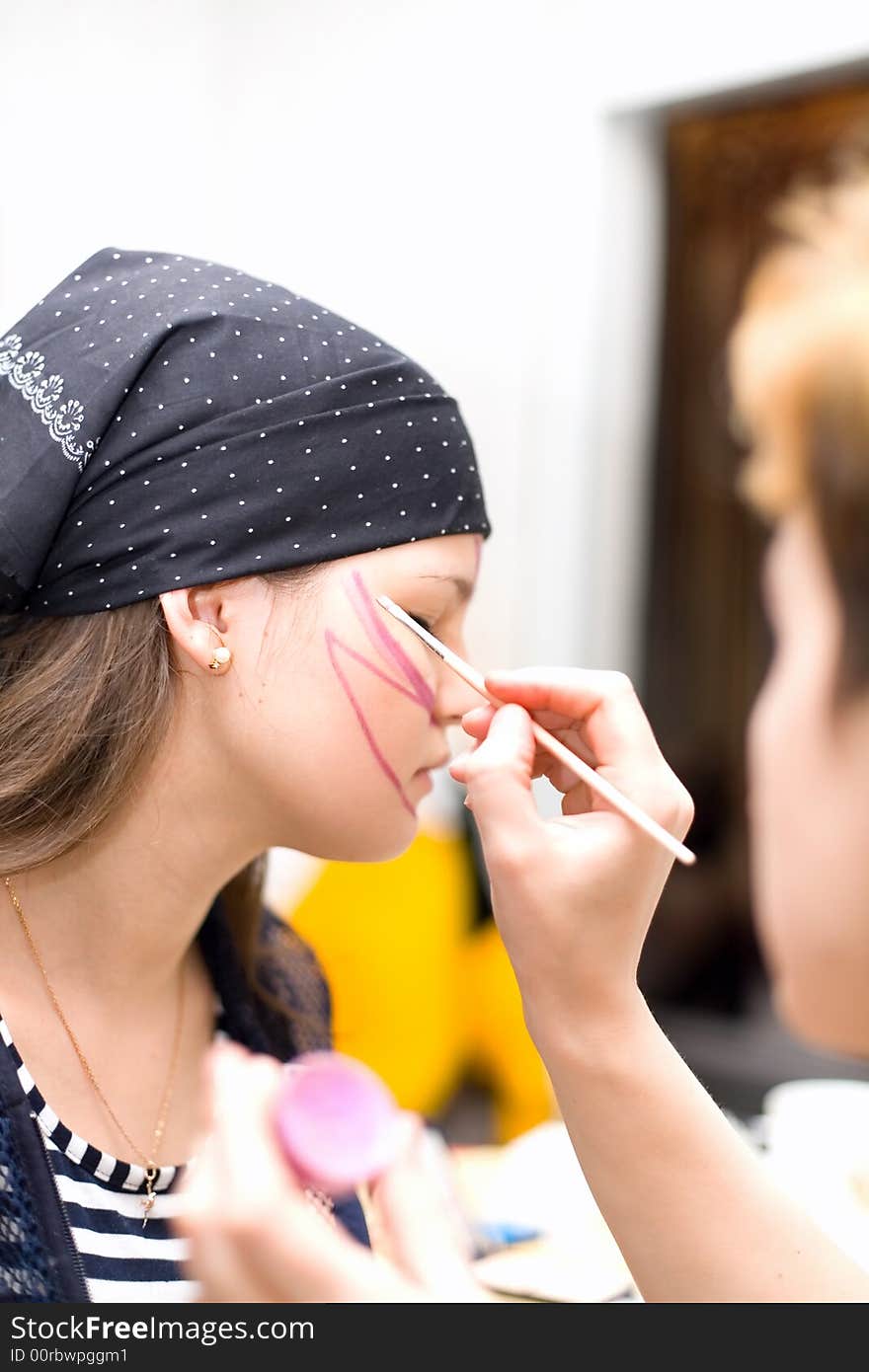 Preparing make up to actress before scene