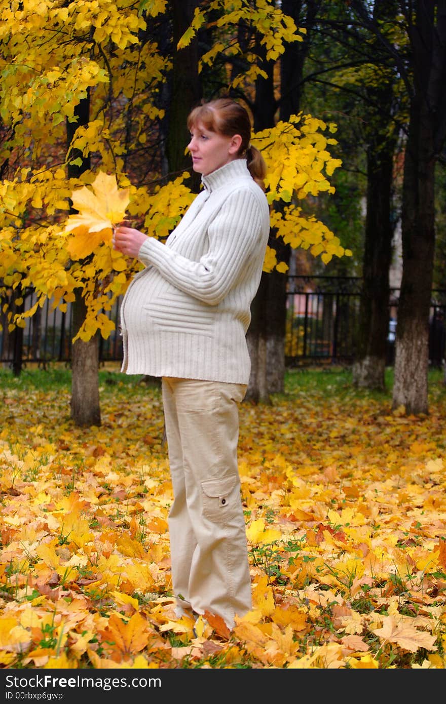 Pregnant woman in autumn park hold maple leaf