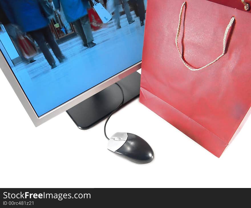 Wide Screen LCD Computer Monitor, Mouse and Gift bag (Isolated on white background). Wide Screen LCD Computer Monitor, Mouse and Gift bag (Isolated on white background)