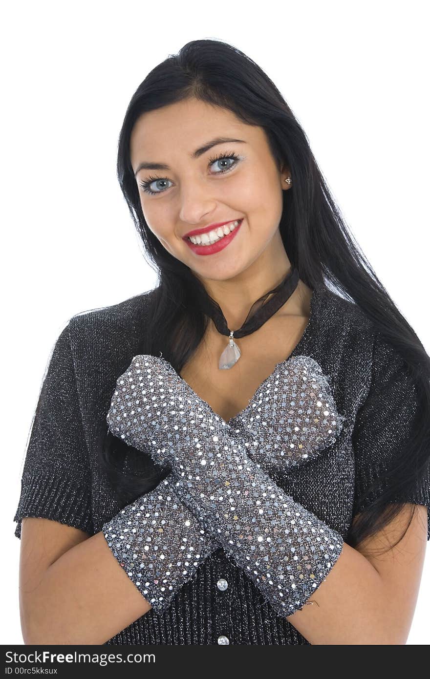 Portrait of the brunette with blue eye on white background