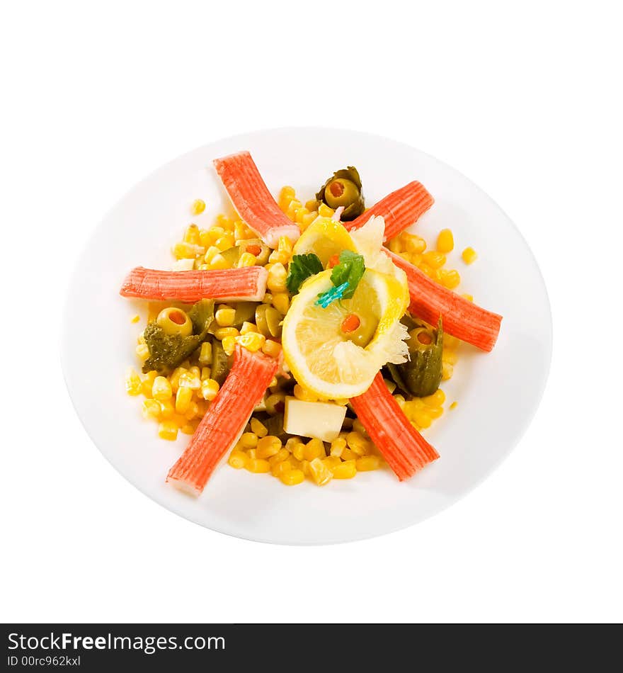 Salad with crab roll, corn, olive and lemon. Salad with crab roll, corn, olive and lemon