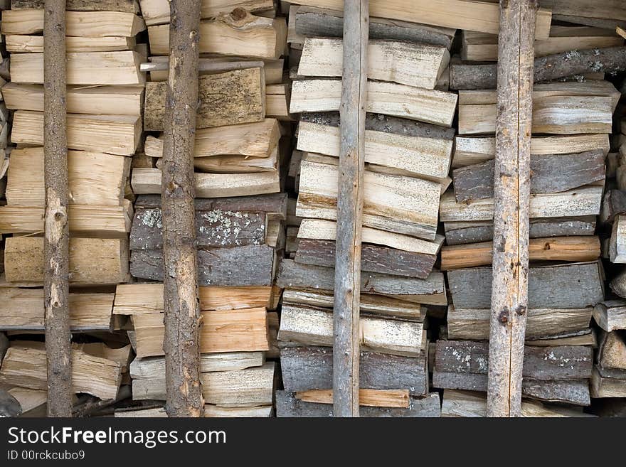 Photo of stacked firewood in storage until winter. Photo of stacked firewood in storage until winter.