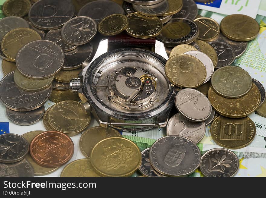 Illustration of a watch on euro bills and coins. Illustration of a watch on euro bills and coins