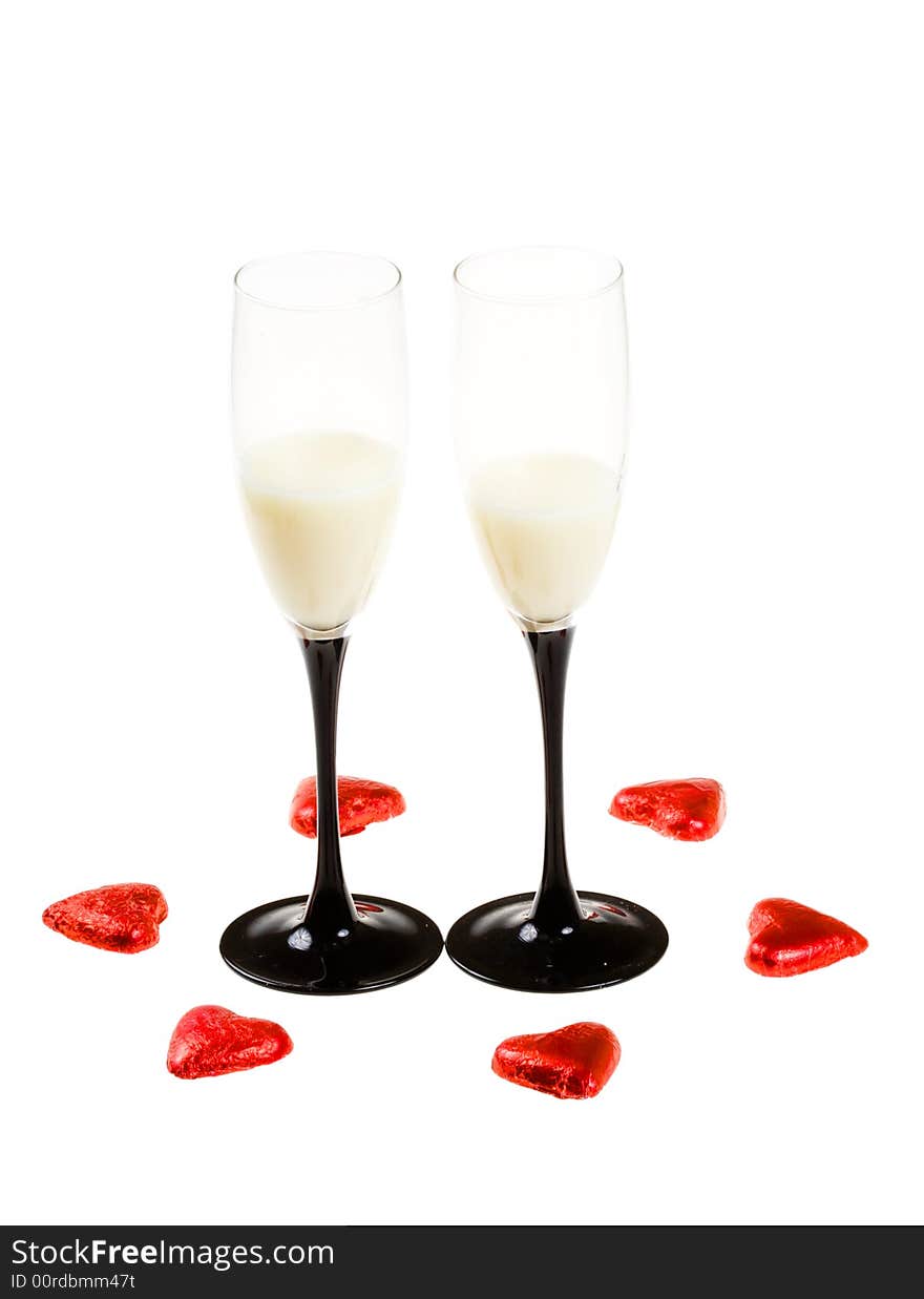 Two glasses with red hearts (isolated)