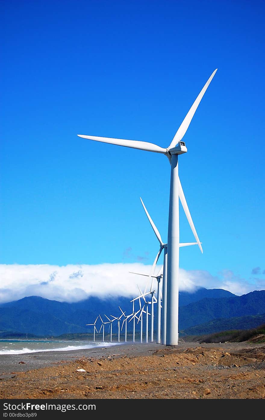 Wind Turbine in a single row along the shore