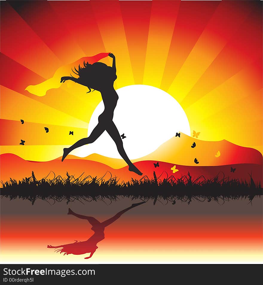 Girl runs on meadow with butterflies, sunset, illustration