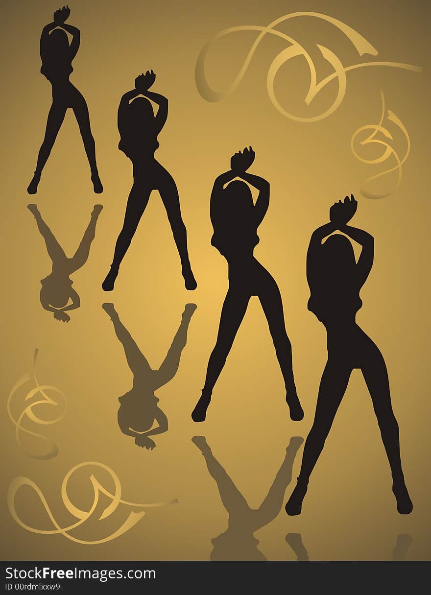 Dancing girls - golden background - illustration