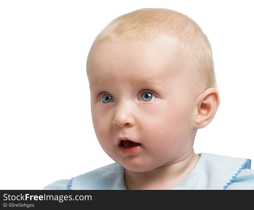 Surprised baby with blue eyes on white background. Surprised baby with blue eyes on white background