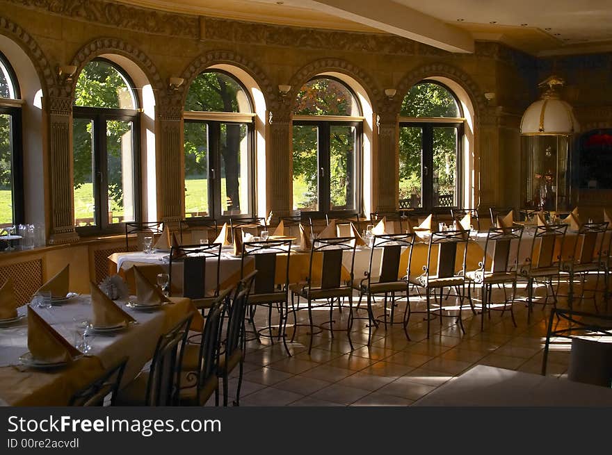 Interior of restaurant prepared for arrival of visitors at jubilee