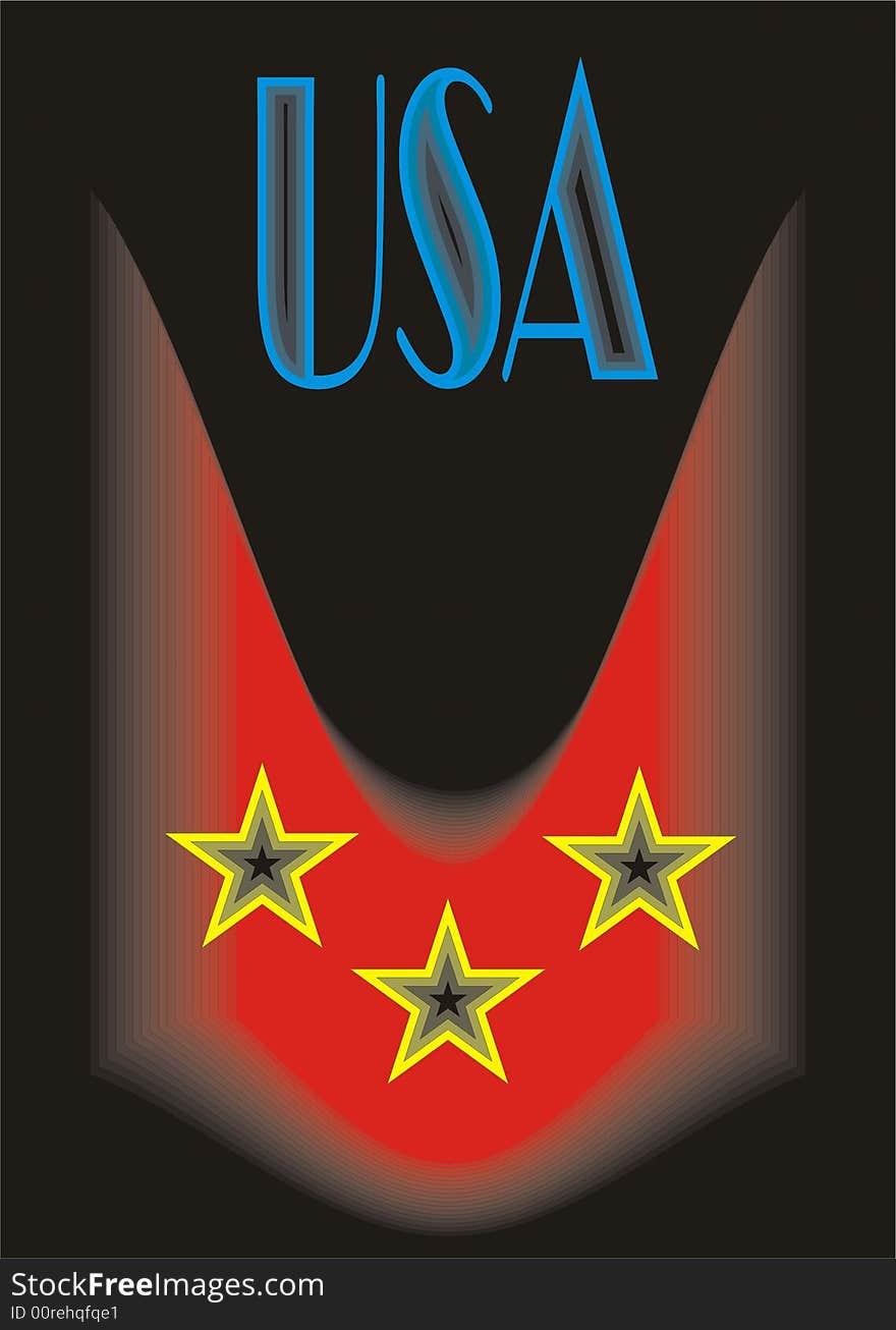 Large abstract colored bright creative portrayal of the emblem with a blue placard Usa and three yellow stars on a black background. Large abstract colored bright creative portrayal of the emblem with a blue placard Usa and three yellow stars on a black background.