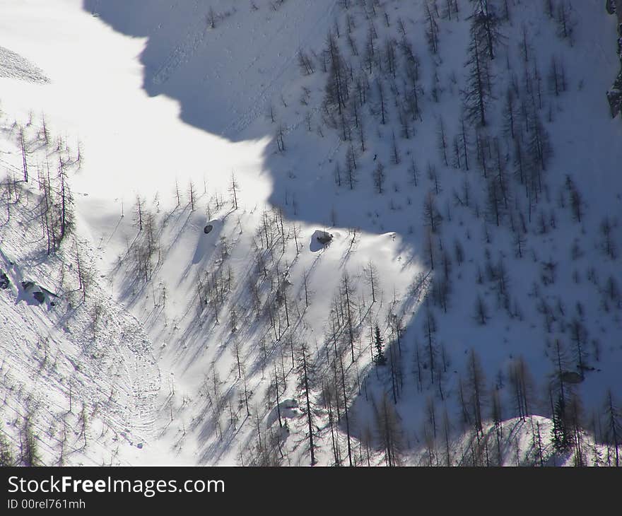 Trails of the avalanches on snow slopes in the Alps. Trails of the avalanches on snow slopes in the Alps