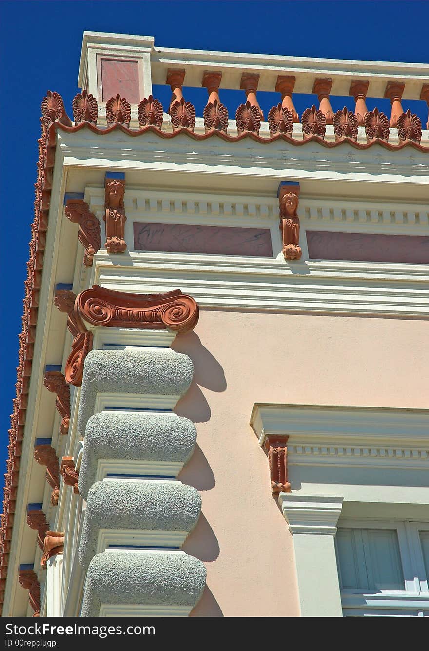 Decorative old building with parrpit wall in sunny Santorini. Decorative old building with parrpit wall in sunny Santorini