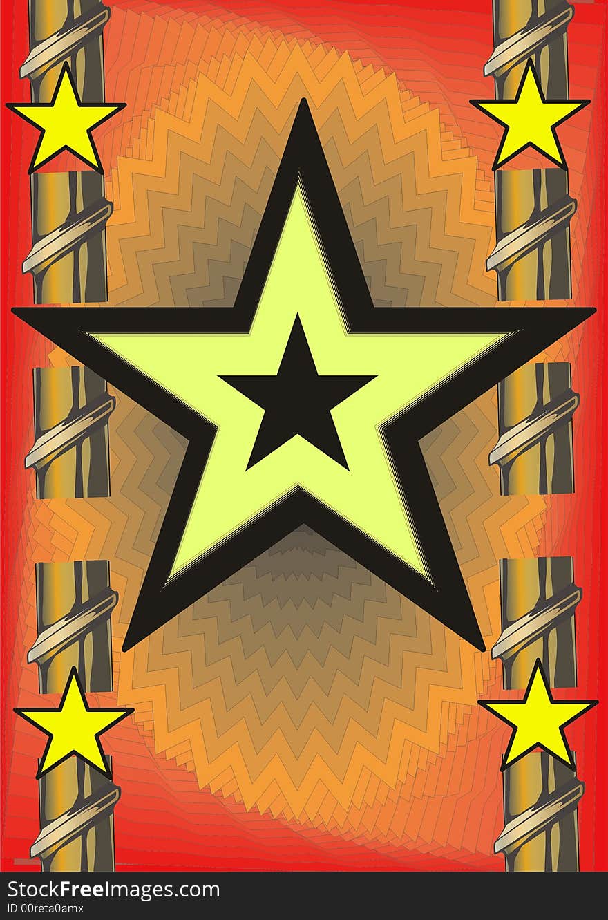 Great creative abstract colored bright yellow portrayal of black stars on the two metal decorative pillars to the red orange background. Great creative abstract colored bright yellow portrayal of black stars on the two metal decorative pillars to the red orange background.