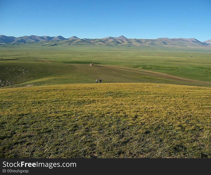 two persons walking on a vast rolling pasture on a sunny afternoon. two persons walking on a vast rolling pasture on a sunny afternoon