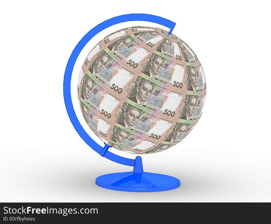 Globe formed of Ukrainian Five hundred banknotes with blue support over white background. Globe formed of Ukrainian Five hundred banknotes with blue support over white background