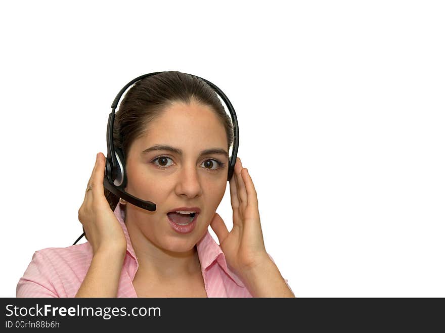 A girl, wearing headphones and microphone, looking very surprised. A girl, wearing headphones and microphone, looking very surprised