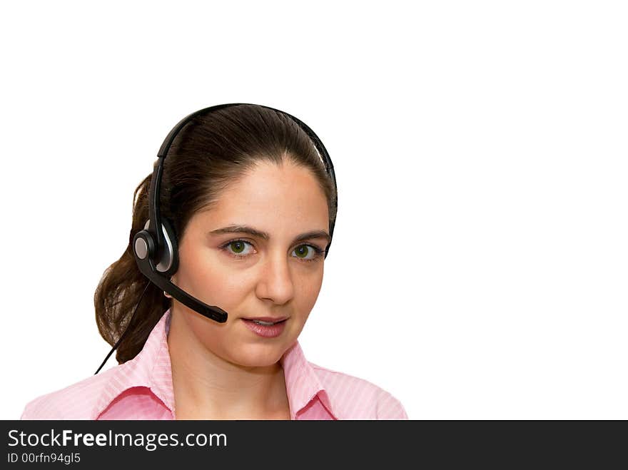 A girl, wearing headphones and microphone. A girl, wearing headphones and microphone