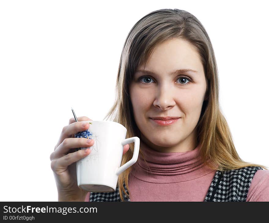 Girl in purple dress with cup on white background. Girl in purple dress with cup on white background