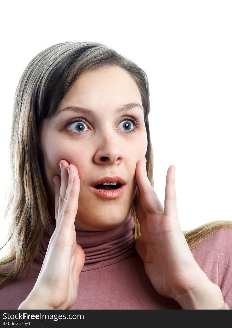 Girl in purple jacket hearing surprising news. Girl in purple jacket hearing surprising news