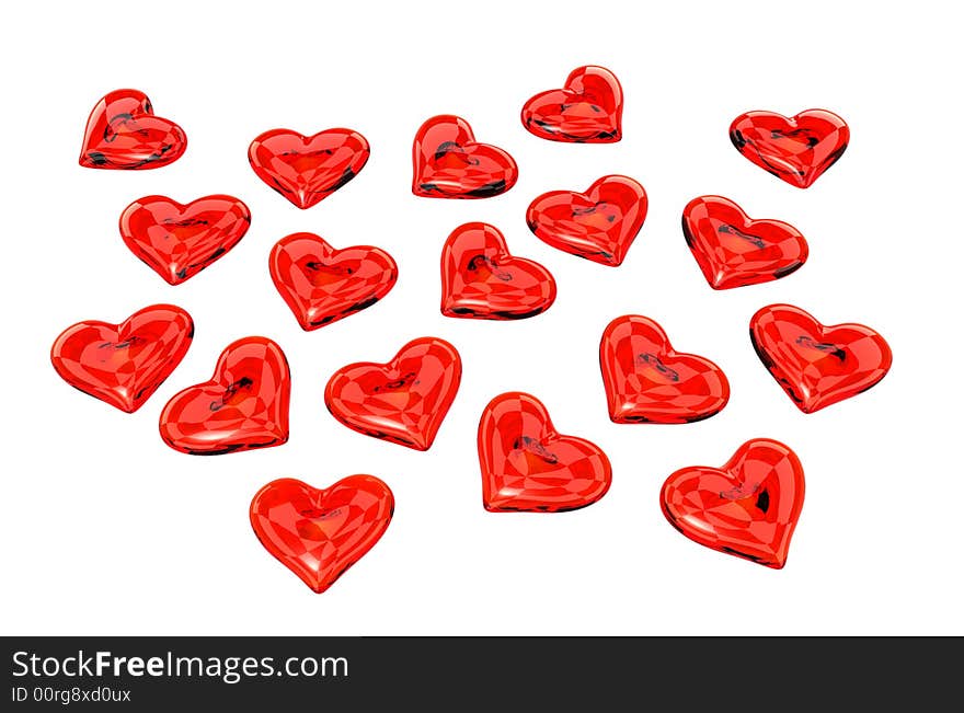 Cople of red glass hearts isolated on white