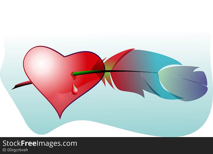 Heart pierced with a bird feather vector illustration. Heart pierced with a bird feather vector illustration