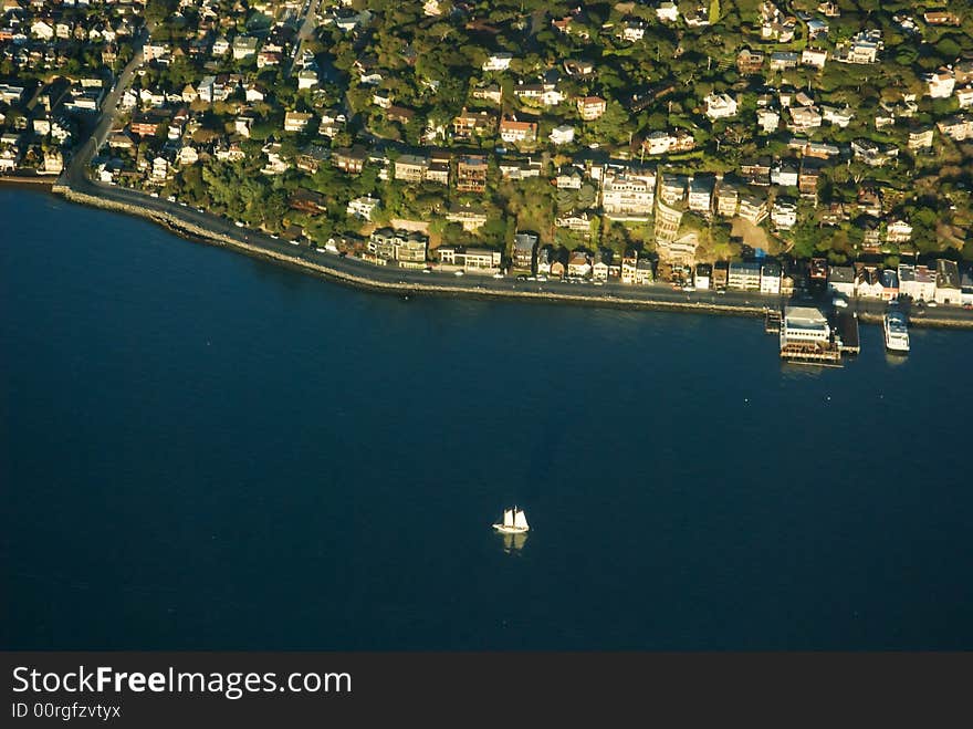 This is the coast of Sausalito town in California.  This photograph was taken from a Cessna plane. This is the coast of Sausalito town in California.  This photograph was taken from a Cessna plane.