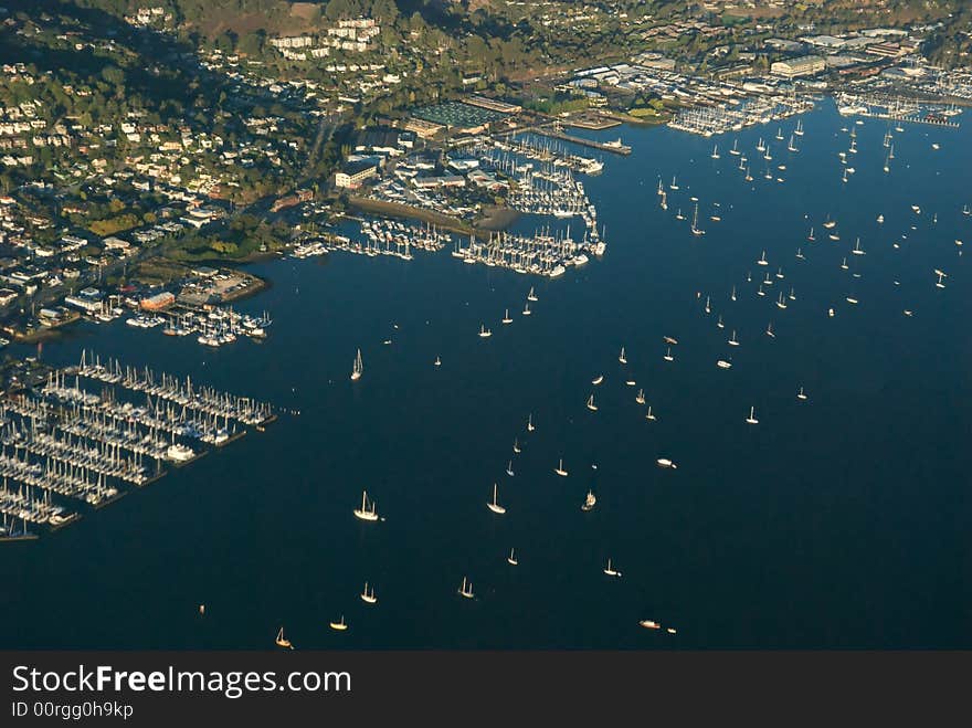 This is the coast of Sausalito town in California.  This photograph was taken from a Cessna plane. This is the coast of Sausalito town in California.  This photograph was taken from a Cessna plane.