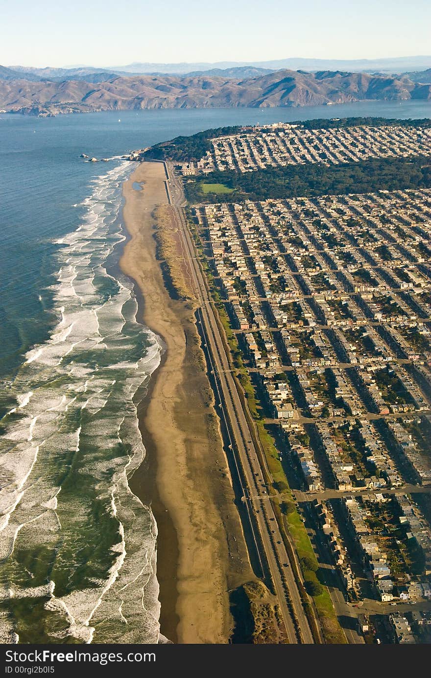 This is ocean beach in San Francisco and Hwy 1. Also seen is parts of Golden Gate park. This photograph was taken from a cessna plane at 2000 feet. This is ocean beach in San Francisco and Hwy 1. Also seen is parts of Golden Gate park. This photograph was taken from a cessna plane at 2000 feet.