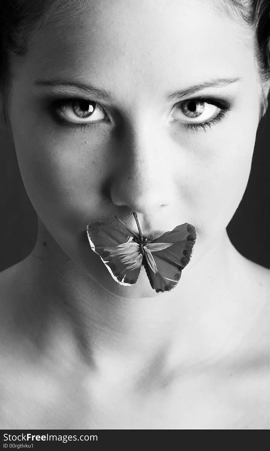 Beauty portrait of a beautiful young woman with a butterfly on her face. Beauty portrait of a beautiful young woman with a butterfly on her face